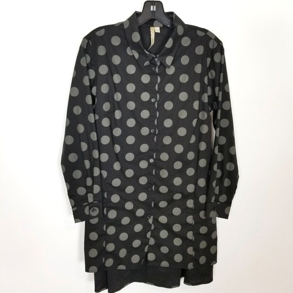 Comfy USA Black Gray Polka Dot Button Up High Low Tunic Sz XS‎ Long Sleeve Shirt
